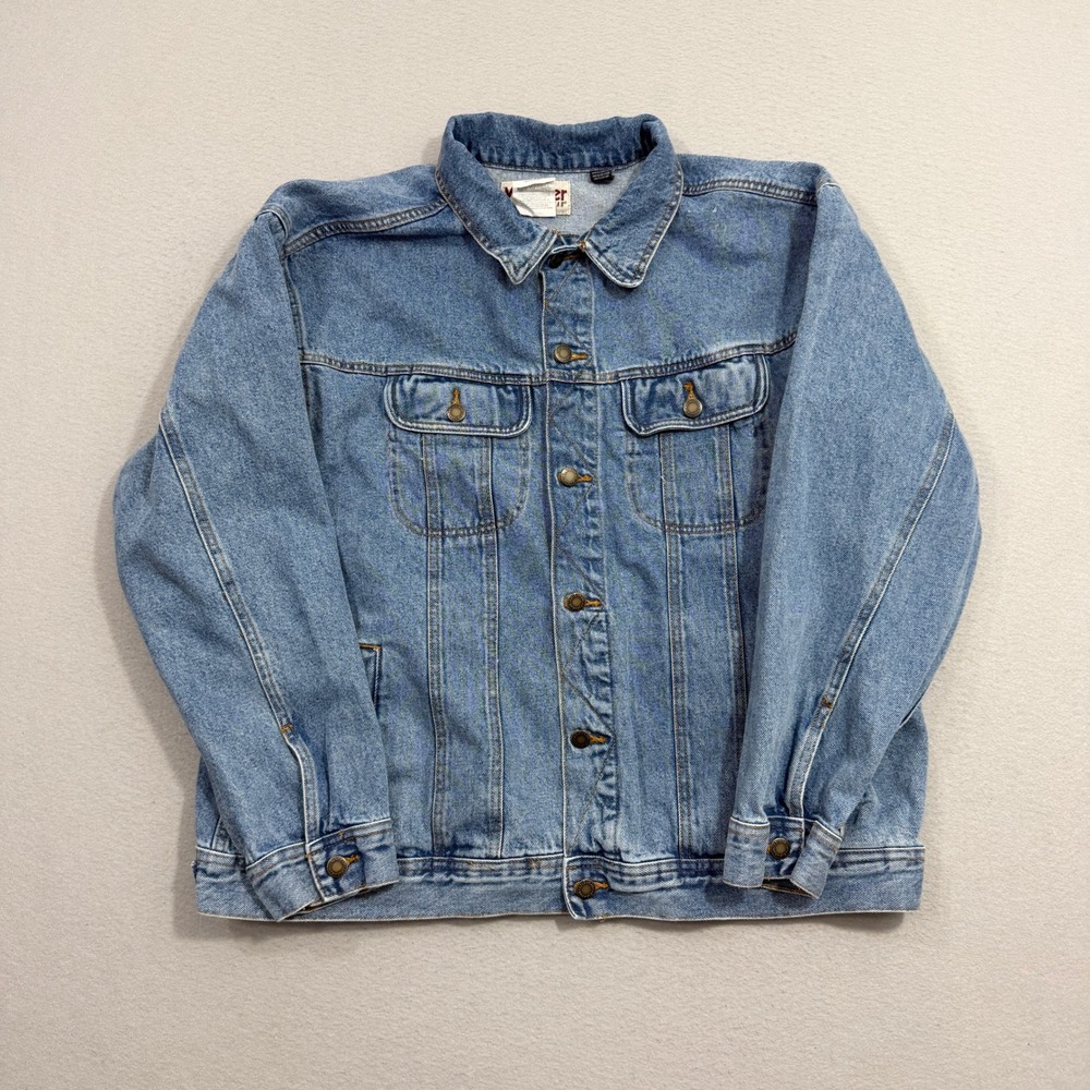 Vintage Wrangler Denim Jacket Mens 2X Blue Rugged Wear Trucker Biker Jean Coat